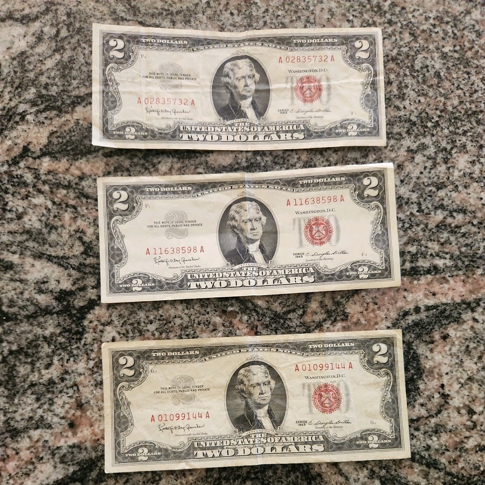 3- 1963  $2 Two Dollar Bill Red Seal Notes