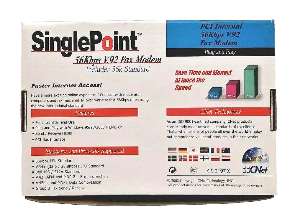SinglePoint PCI Internal 56Kbps V.92 Fax Modem Windows 95/98/XP Plug & Play