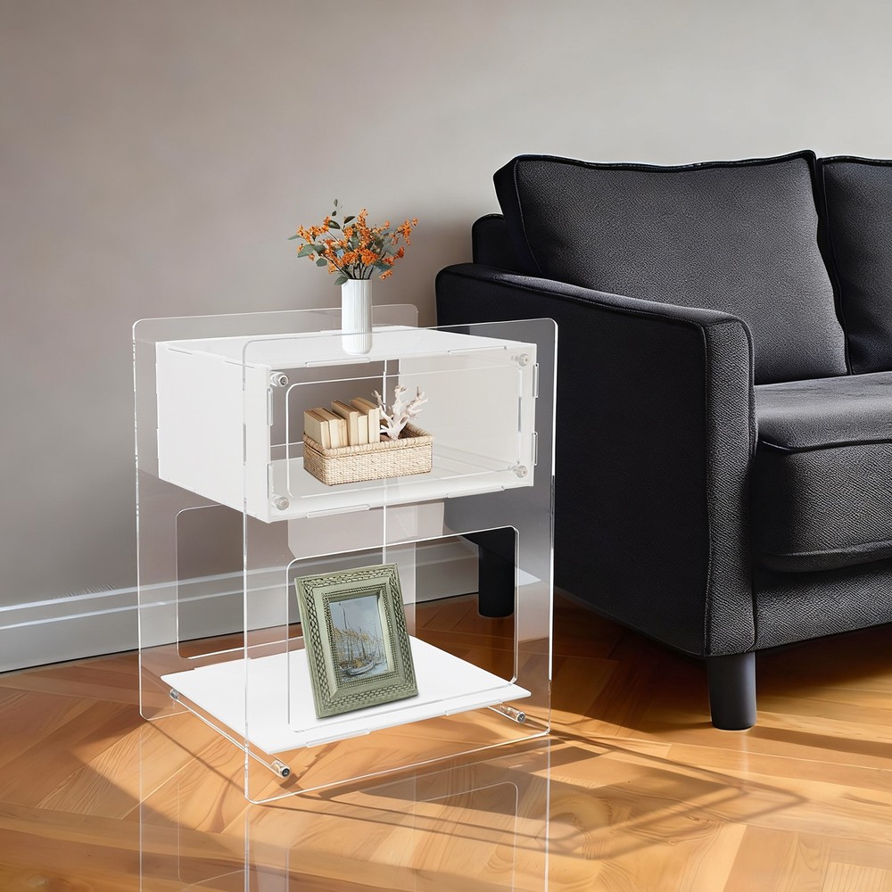 White Acrylic Side Table, Acrylic Nightstand, Rectangle Storage Shelf