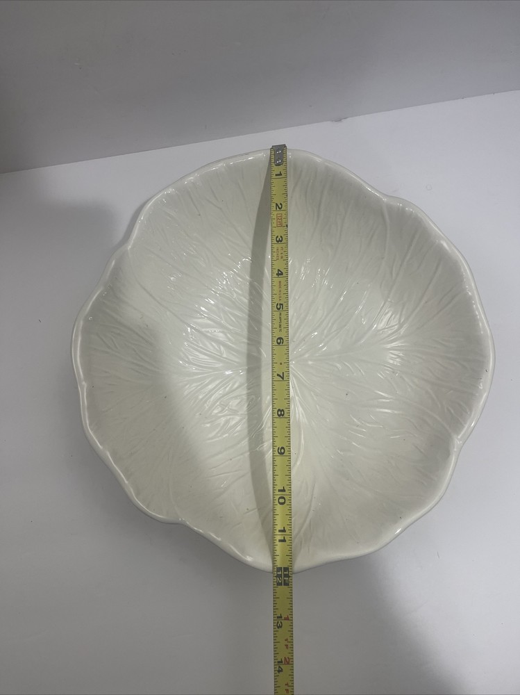 White Cabbage Leaf Ceramic Serving Bowl Hand Painted 12” D