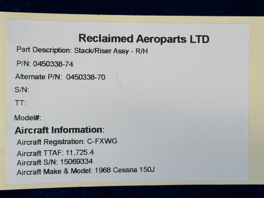 CESSNA 150 J STACK RISER ASSY RH P/N: 0450338-74