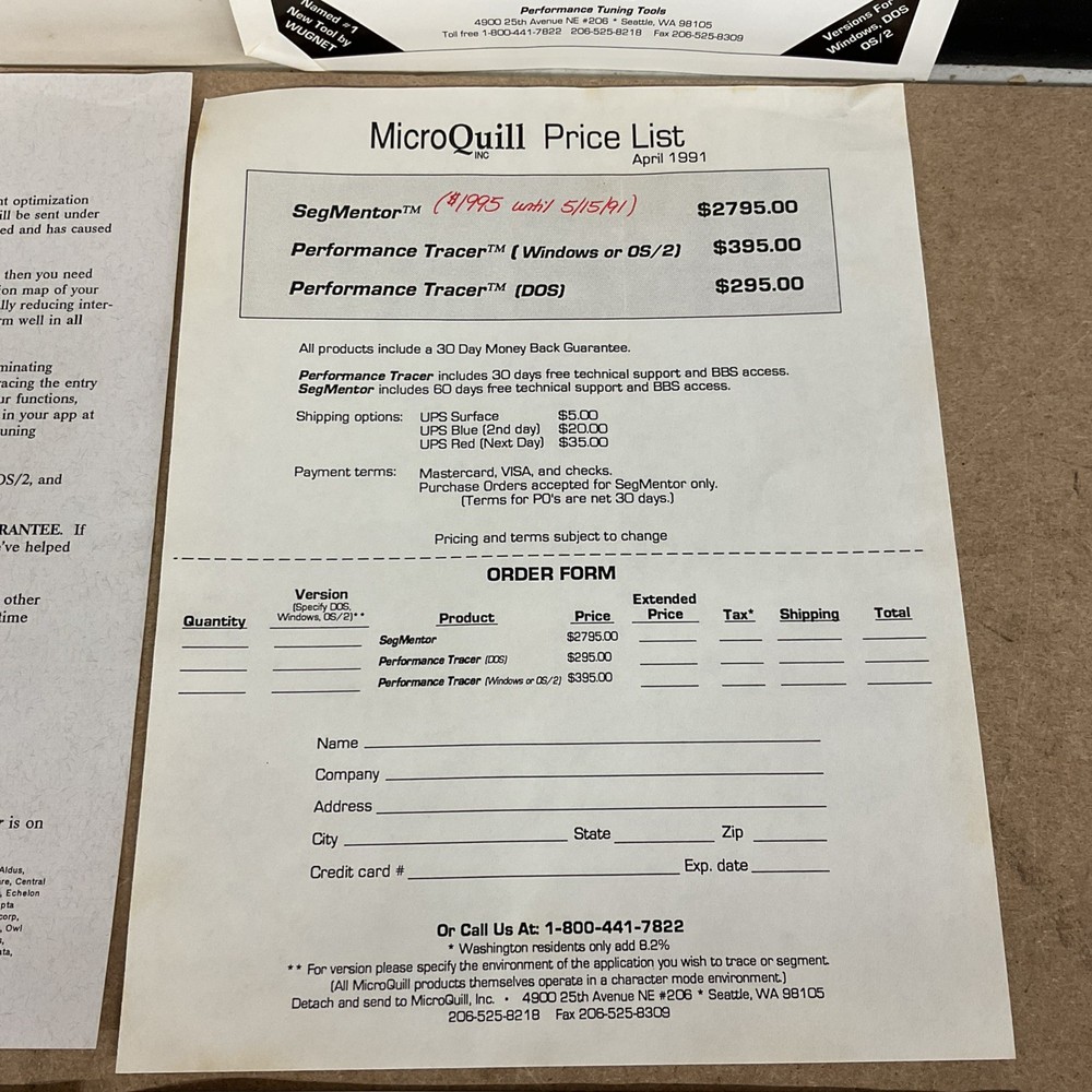 MicroQuill SegMentor Performance Tracer Price List Vintage Computing - No Disks