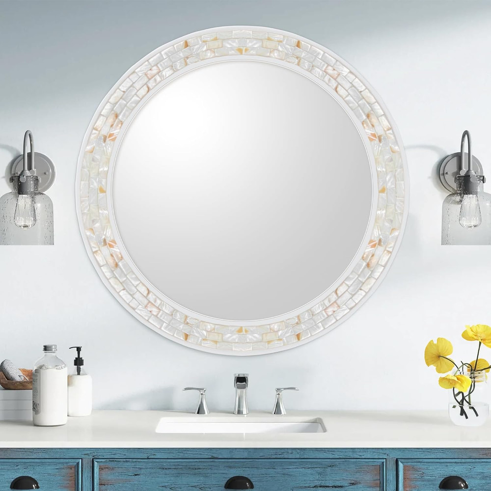 30" White Round Bathroom Mirror with Natural Shell Mosaic Frame