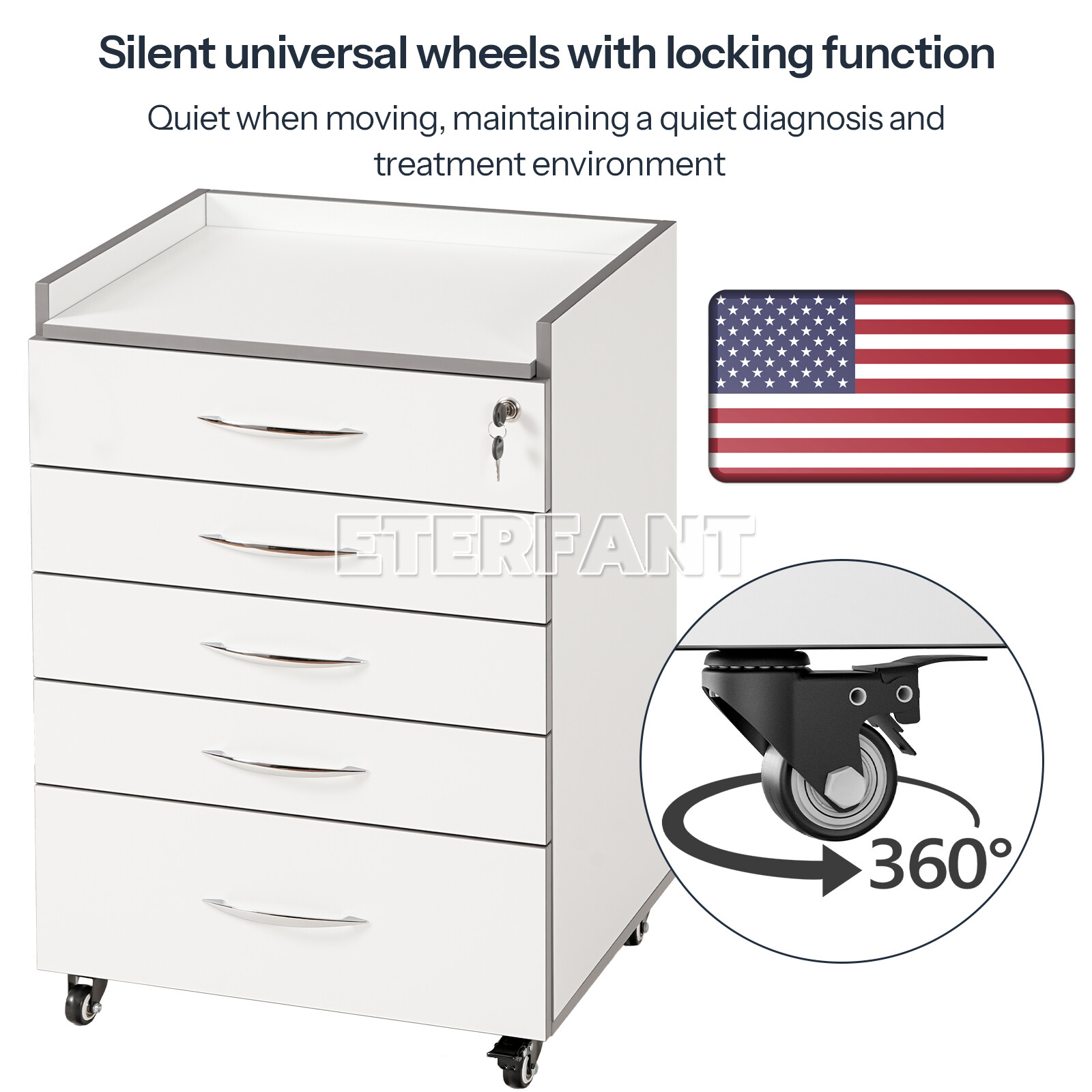Dental Medical 5 Drawers Trolley Cart Acrylic Mobile Rolling Cart Wooden Cabinet