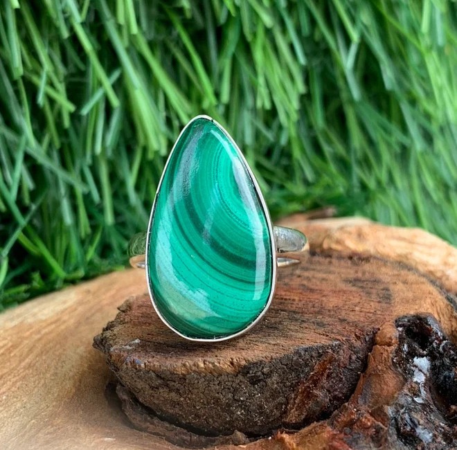 Solid 925Sterling Silver Natural Malachite Pear Gemstone Statement Handmade Ring