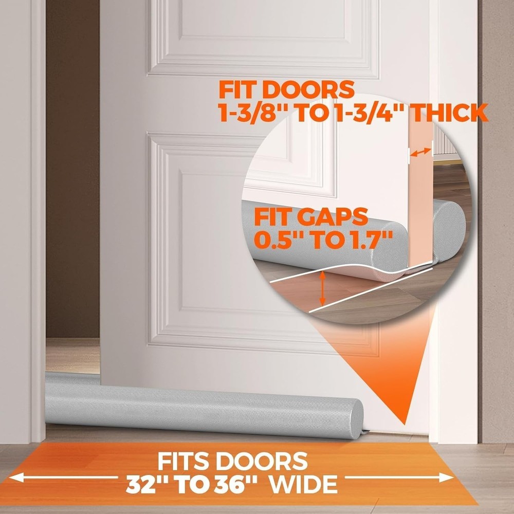 Heavy Duty Polyester Door Draft Stopper 2x36" Grey, Blocks Wind