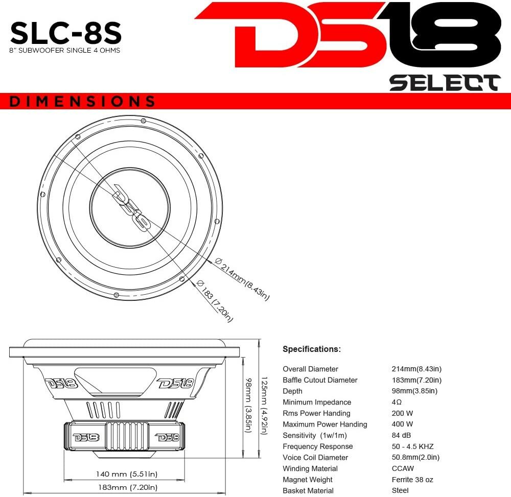 DS18 SLC-8S 8" Car Audio Subwoofer 400W Max Power, 200W RMS SVC 4 Ohm