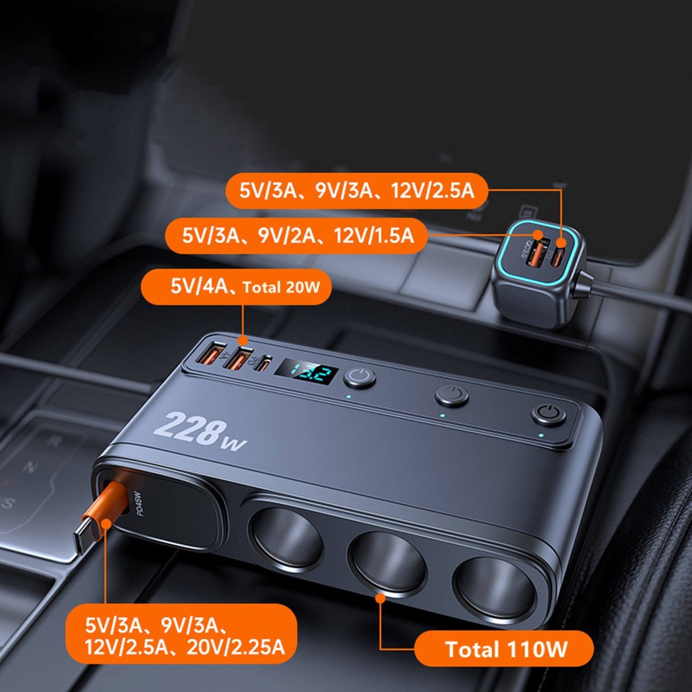 Multi Function Car Charger 9-in-1 with 3 Cigarette Lighter Sockets 6 USB 228W