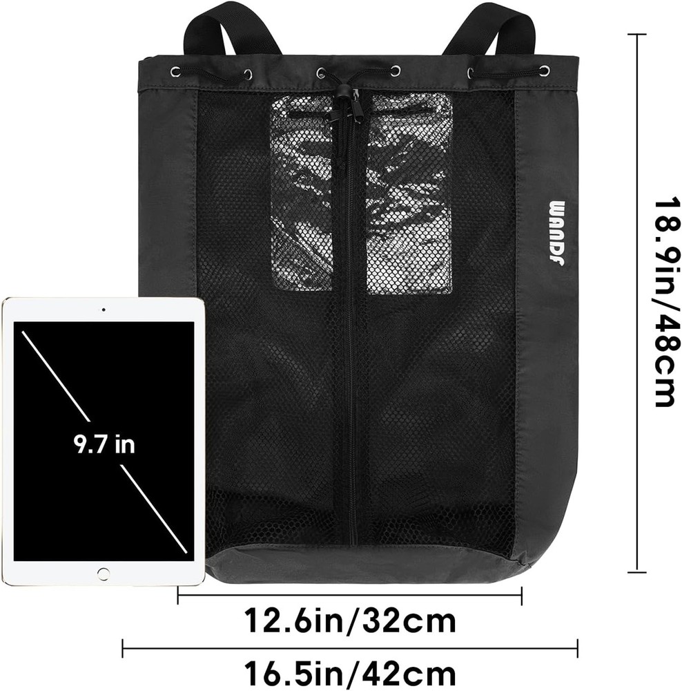 WANDF Swim Bag Mesh Drawstring Backpack Beach for One Size, Black