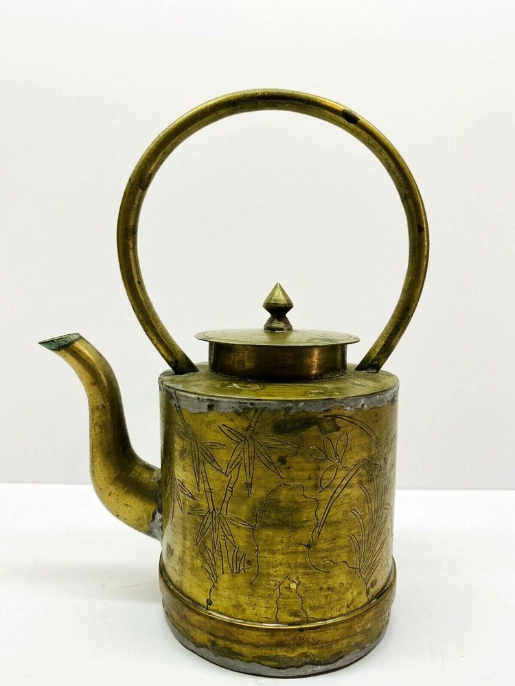 Vintage Small Etched Round Brass Tea Pot