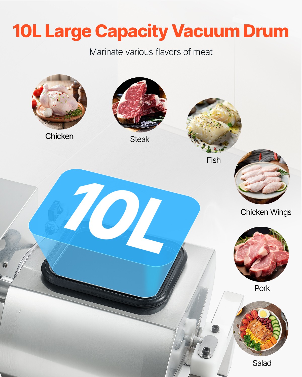 VEVOR Vacuum Meat Tumbler Marinator Machine 10L for Chicken Steak Fish Stainless