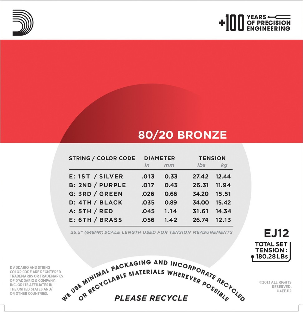 D'Addario EJ12 Medium 80/20 Bronze 13-56 6 String Acoustic Guitar Strings