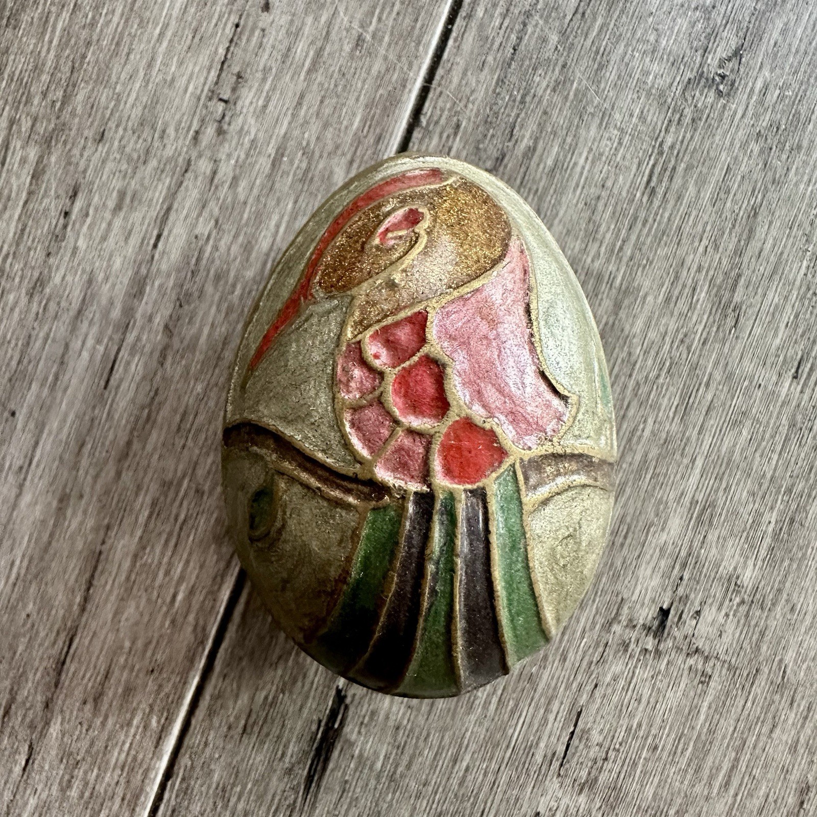 Vtg 2.5” Egg Painted Enameled Brass Bird On Branch Enamel Paperweight Trinket