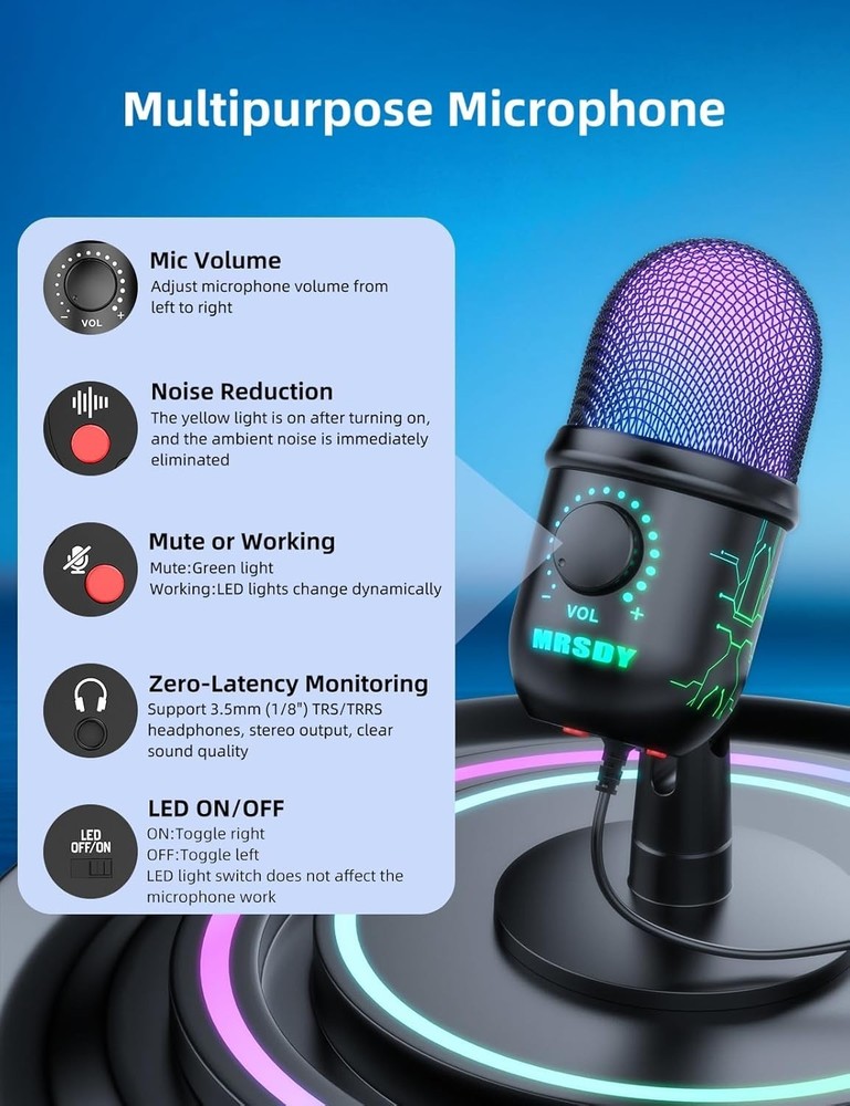Professional USB Gaming Microphone with Volume Control & RGB Lighting Effects