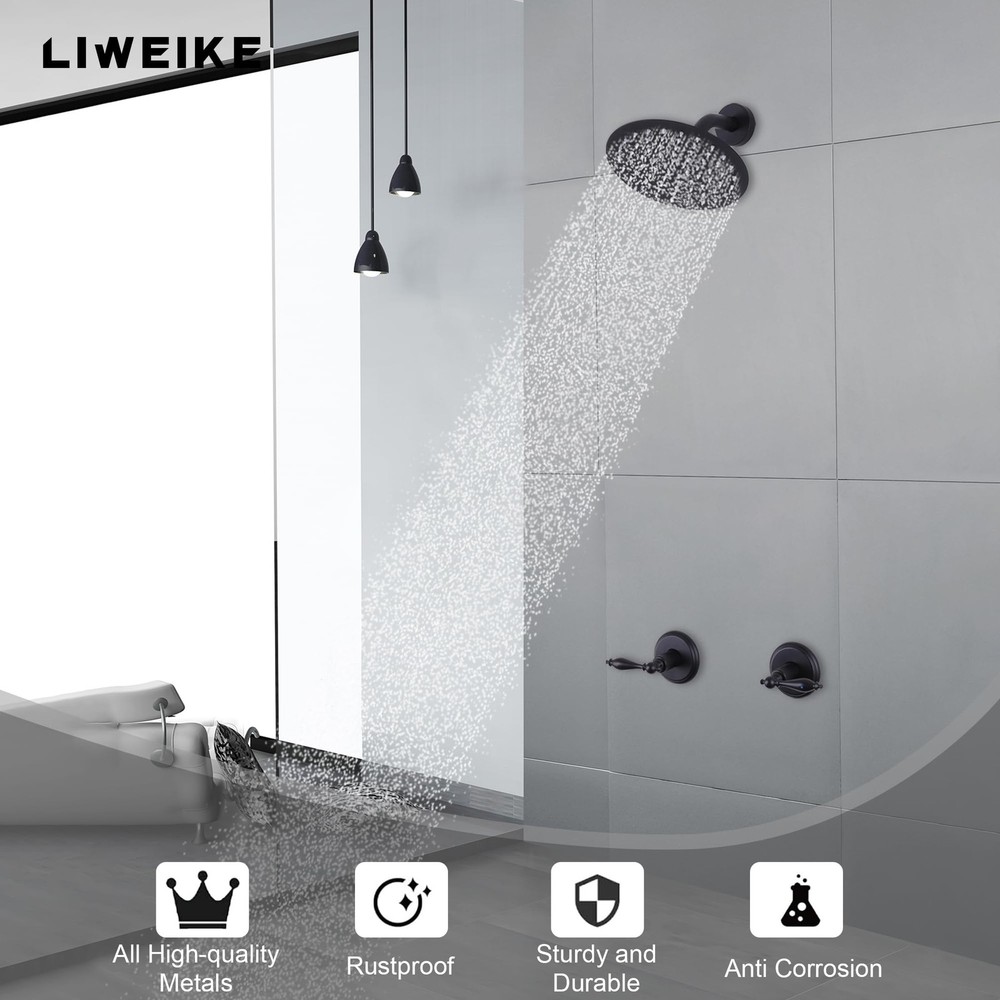 2 Handle Shower Faucet Set Matte Black Two Handles with 8 Inch Rain Head 2 Knobs