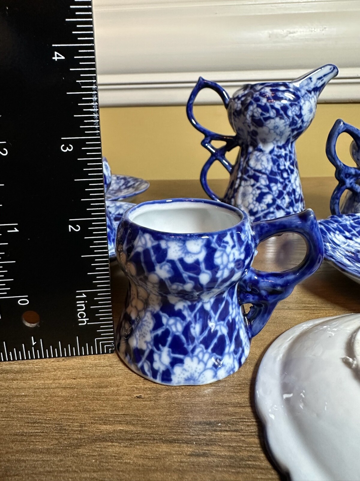 Victoria Ware Stoneware Small Tea Cups Saucers Sugar Creamer Cobalt Flue Floral