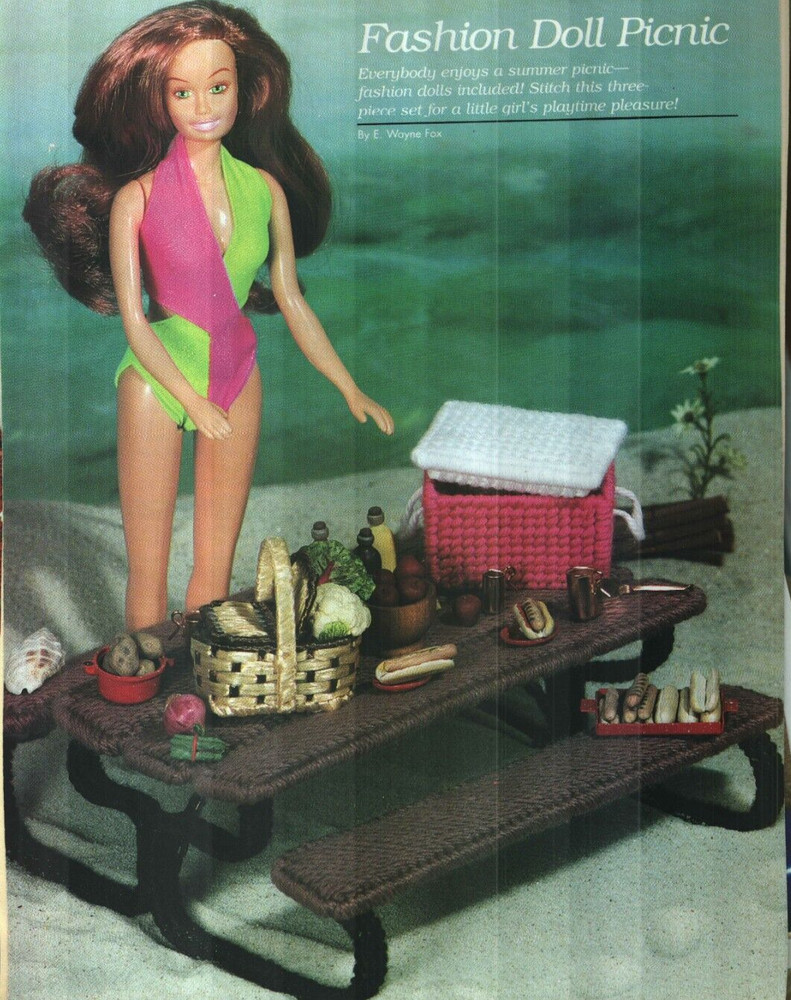 FASHION DOLL PICNIC TABLE COOLER BASKET PLASTIC CANVAS PATTERN INSTRUCTIONS