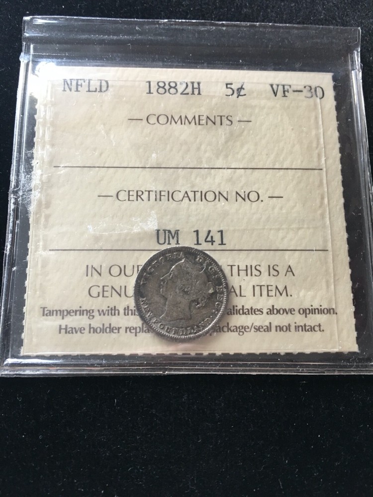 1882H  ICCS Graded, Newfoundland ¢5 Cent, **VF-30**