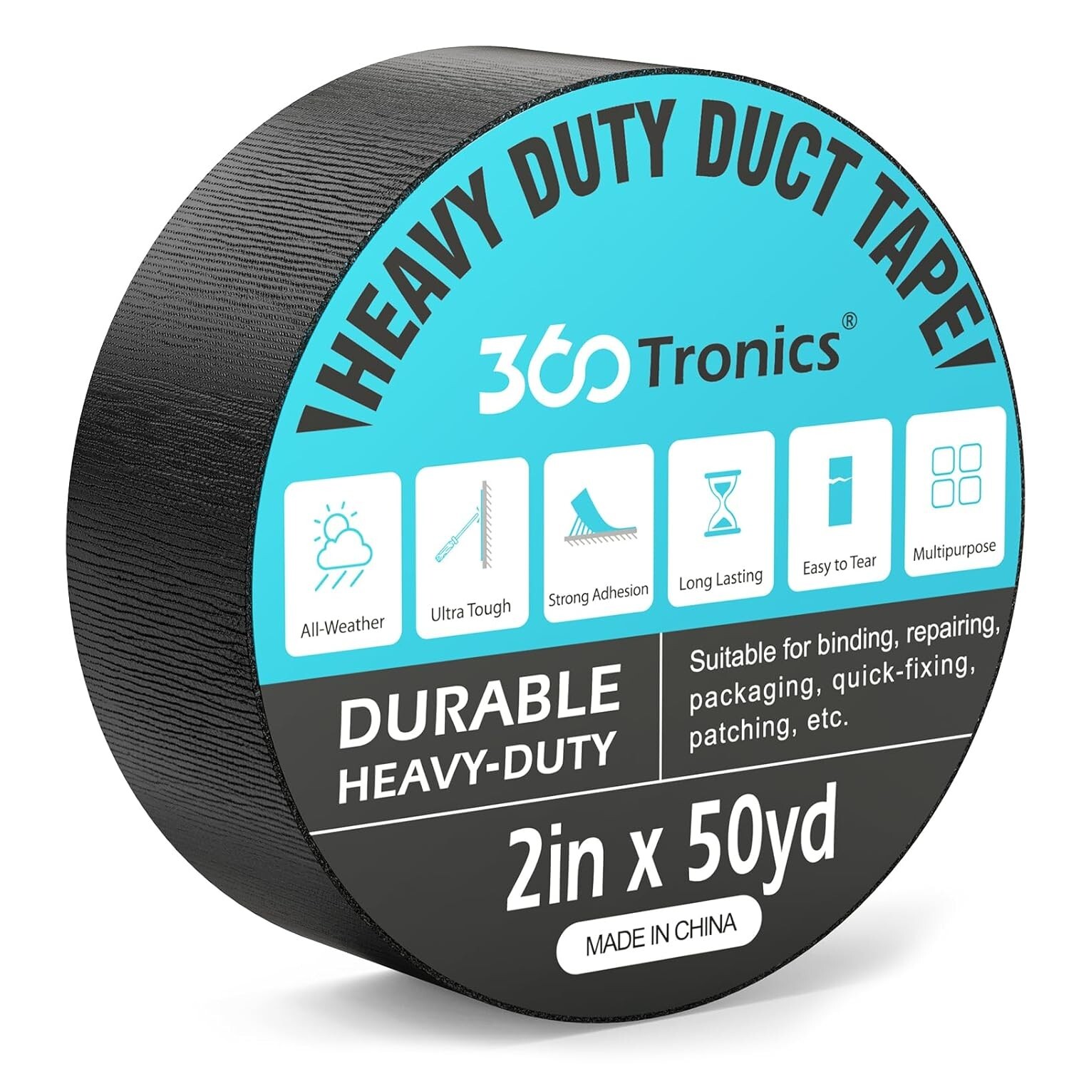 Black Duct Tape Heavy Duty, 2 Inches x 50 Yards Per Roll, Waterproof Outdoor