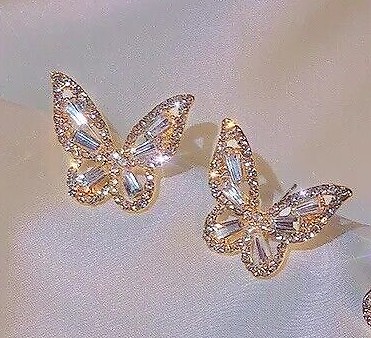 Gold or Silver ButterFly Earrings Bling shiny stud