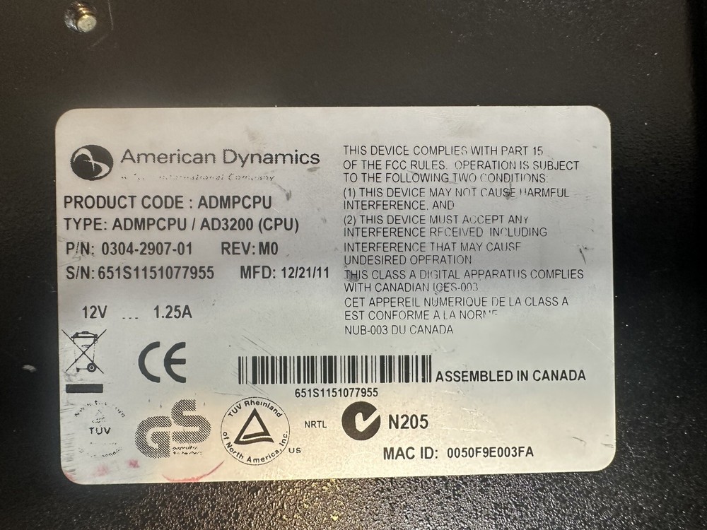 American Dynamics ADMPCPU MegaPower CPU, 100-240VAC,cctv