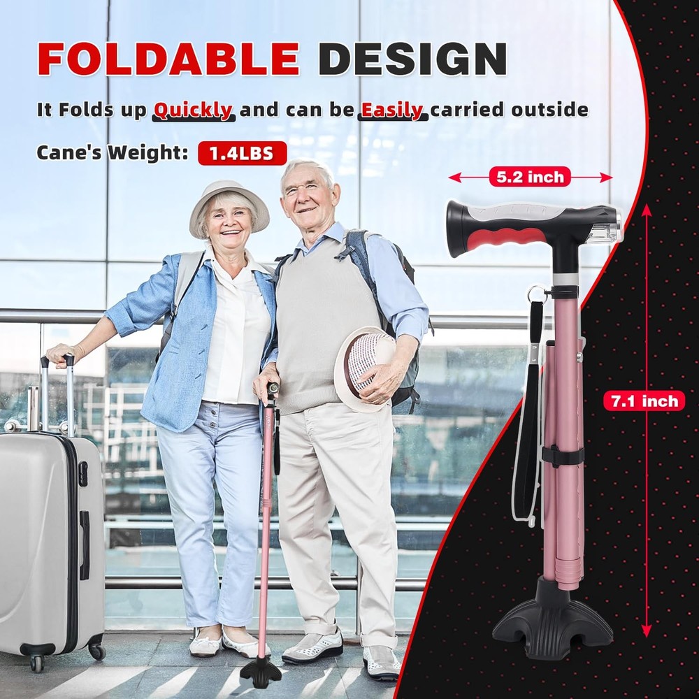 Folding Walking Cane with Two Led Lights for Elderly Solid Base Adjustable Wa...