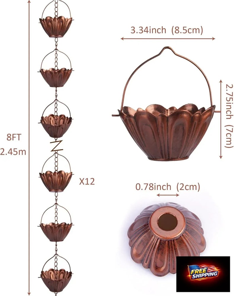 Copper Plated Rain Chain 8ft Lotus Cups Decorative Gutter Downspout