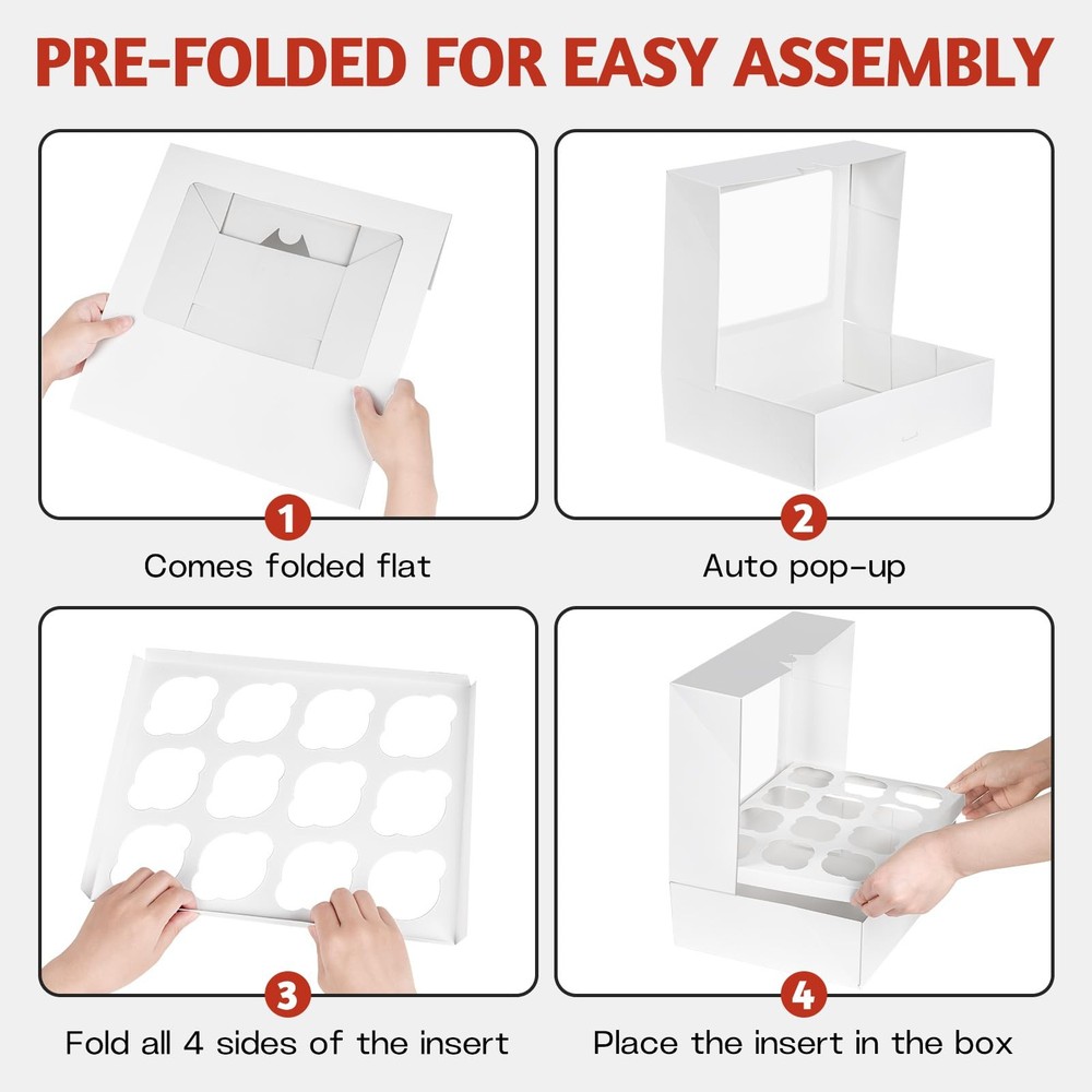 4 Pack 12 Count Cupcake Boxes Auto-Popup White Containers Window Inserts Carrier