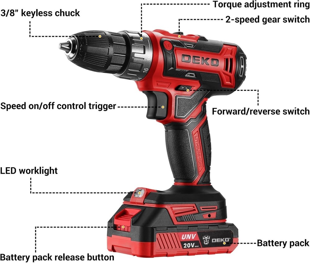 DEKO PRO 20V Electric Drill with Variable Speed & High Torque - Red Edition