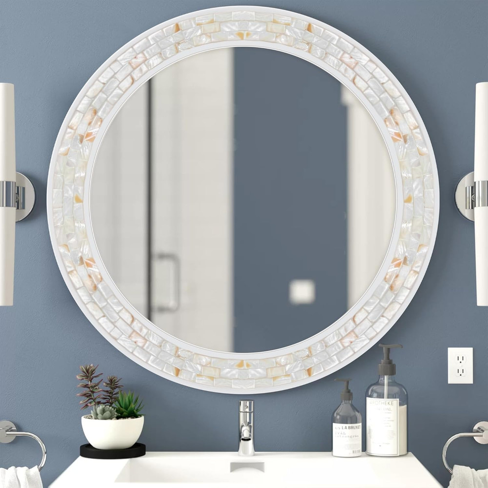 30" White Round Bathroom Mirror with Natural Shell Mosaic Frame