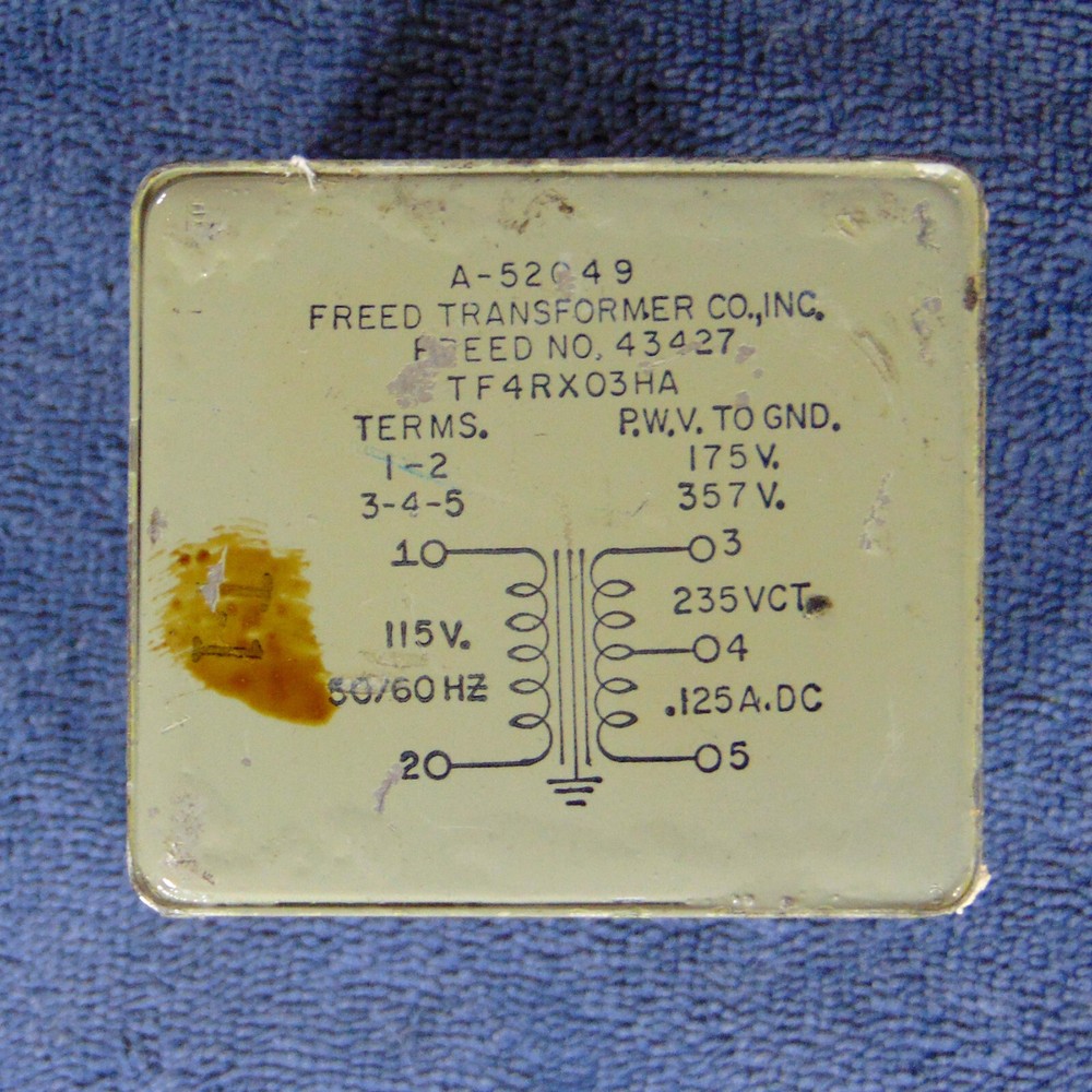 Power Transformer, 235 VCT .125 A DC     Good Working Condition