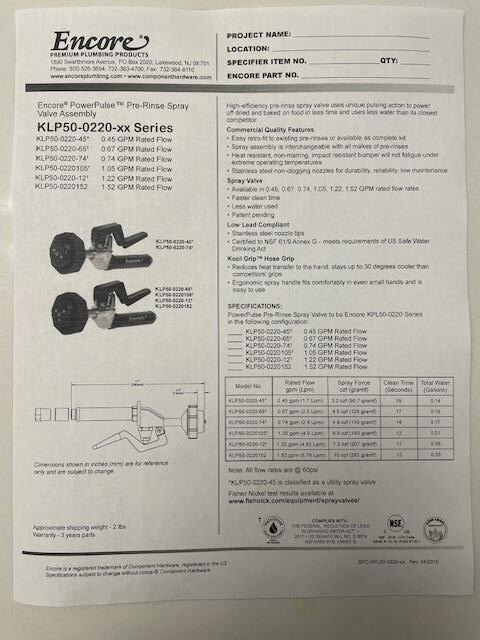 Encore (Component Hardware) Model KLP50-0220105 Pre-Rinse Spray Valve
