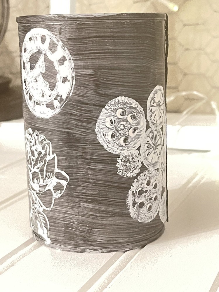 tin can decor handmade- Time Clock-U-Out Decoupaged 4.5” High 3”diameter
