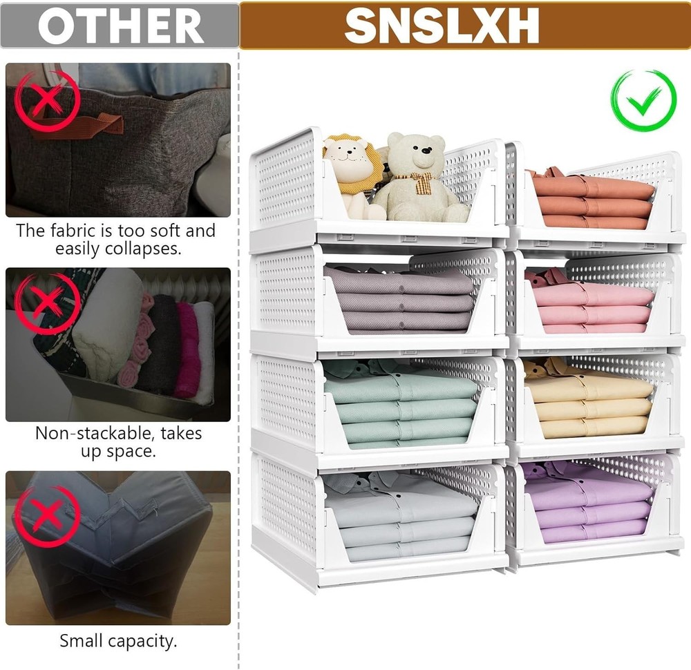 SNSLXH 5 Pack Foldable Closet Storage Baskets Stackable White for Bathroom