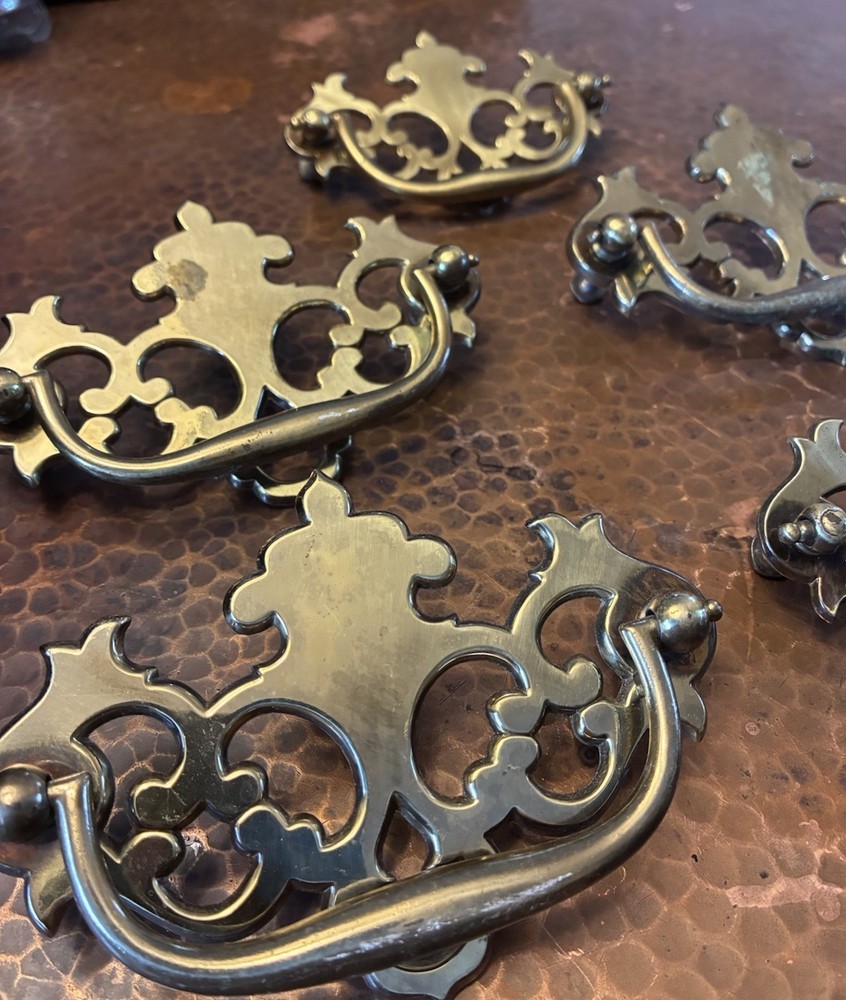 Fancy Drexel Chippendale Solid Brass Drawer Pulls Set 10 Bat Wing 4 3/4”w