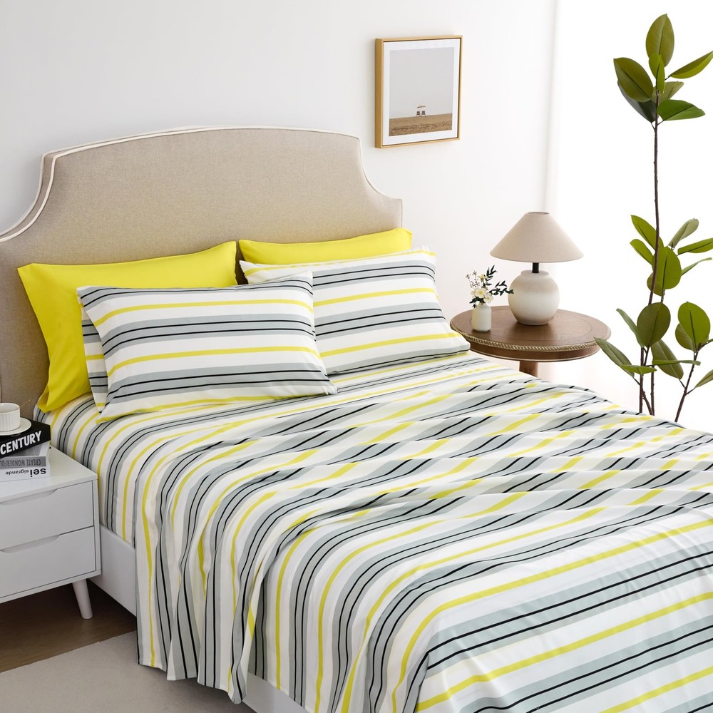 Queen Size Bed Sheets Set Deep Pockets - 6PC Striped Ultra Soft Microfiber Be...