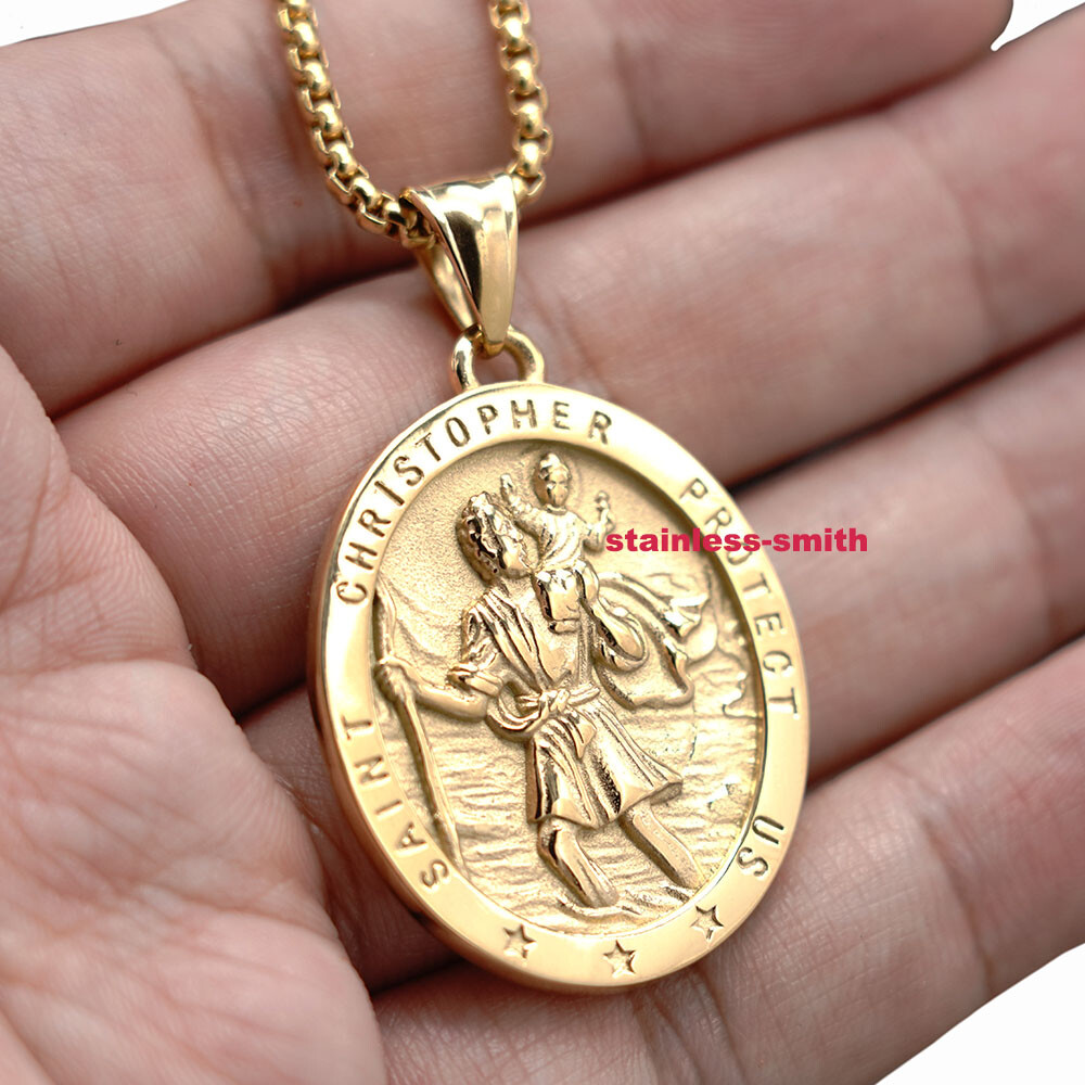 Gold Religious St Saint Christopher Catholic Medal Medallion Pendant Necklace