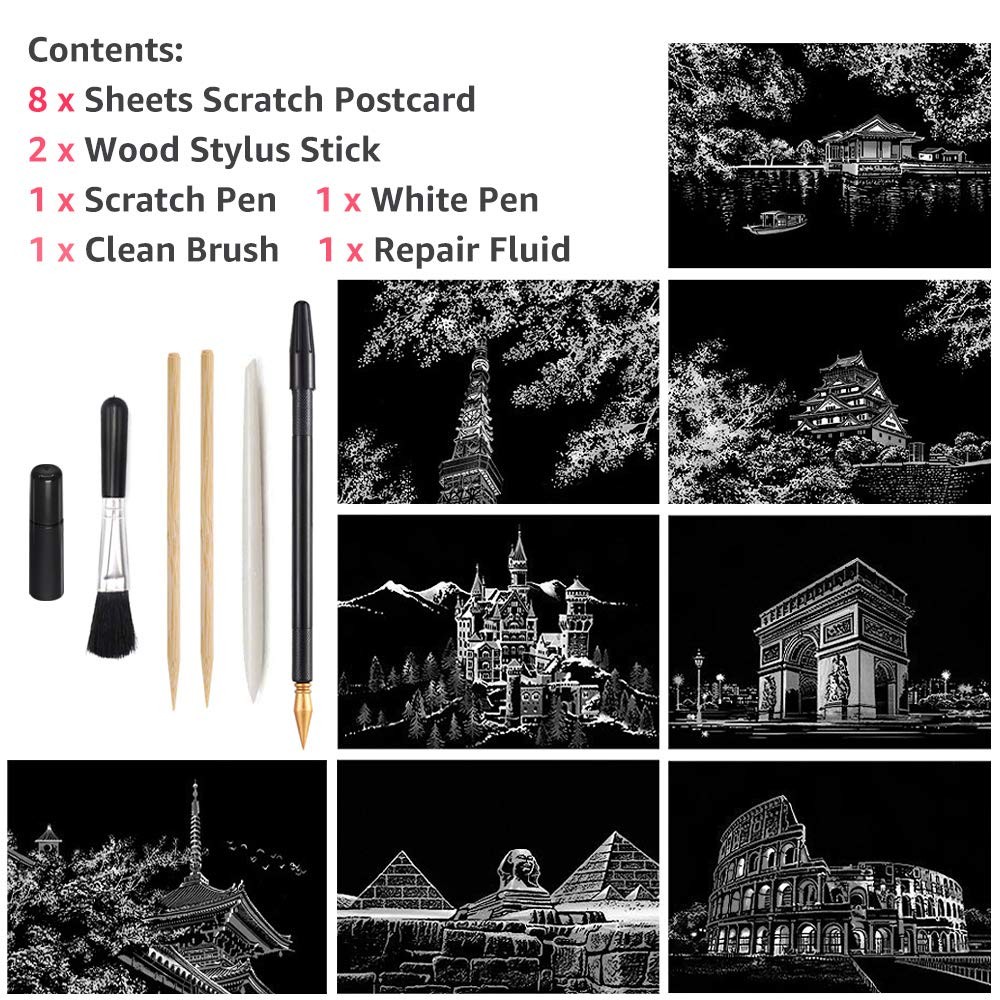 Magic Scratch Art Paper, Mini Envelope Postcard, Building & Cherry Blossom