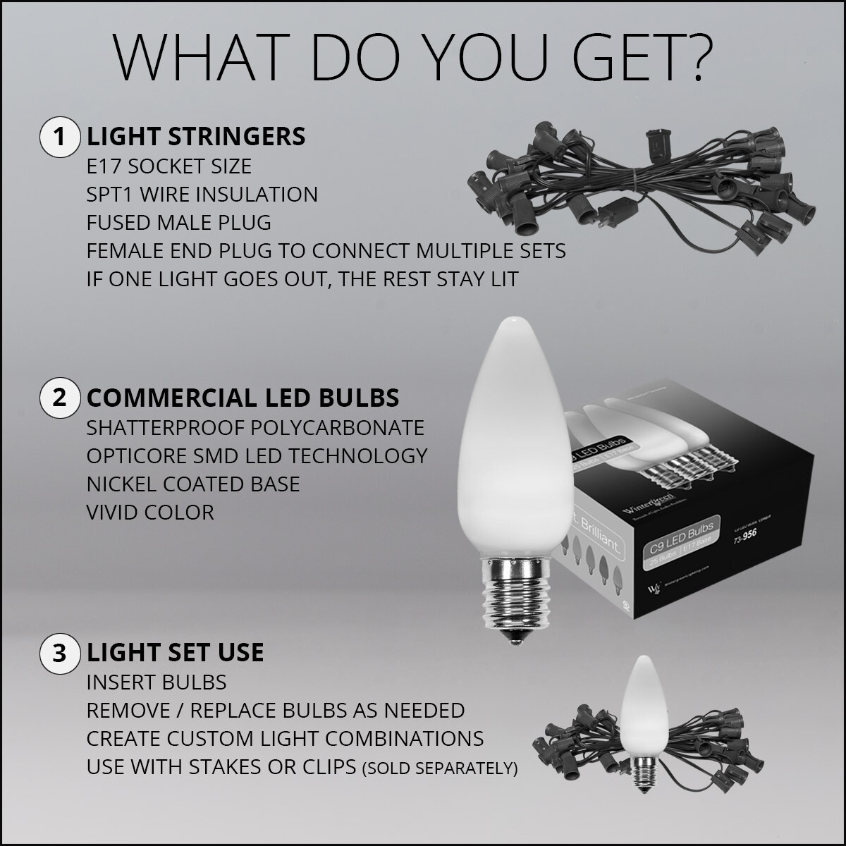 50 C9 OptiCore Shatterproof LED Christmas Lights Smooth Finish, Green Wire 50ft