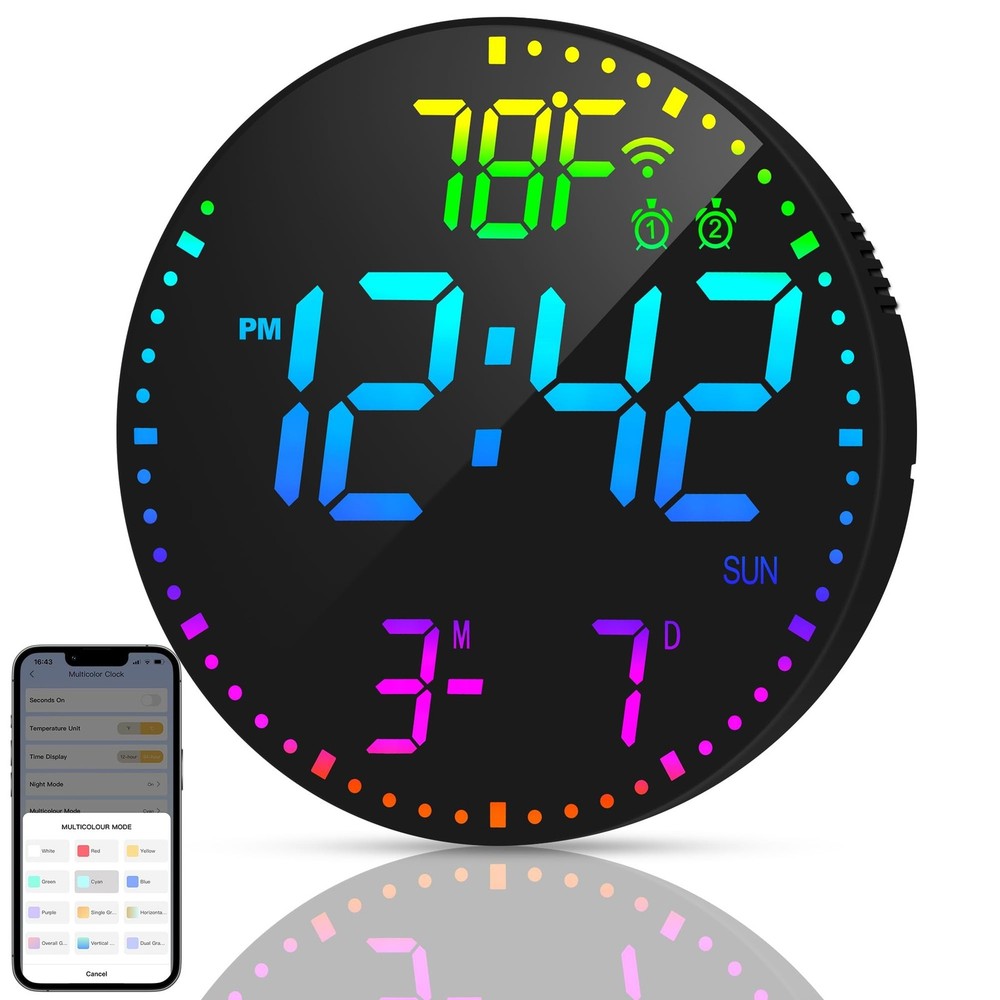 Kasbin 12” Digital Wall Clock with App Control, Large LED, WiFi Sync, Date