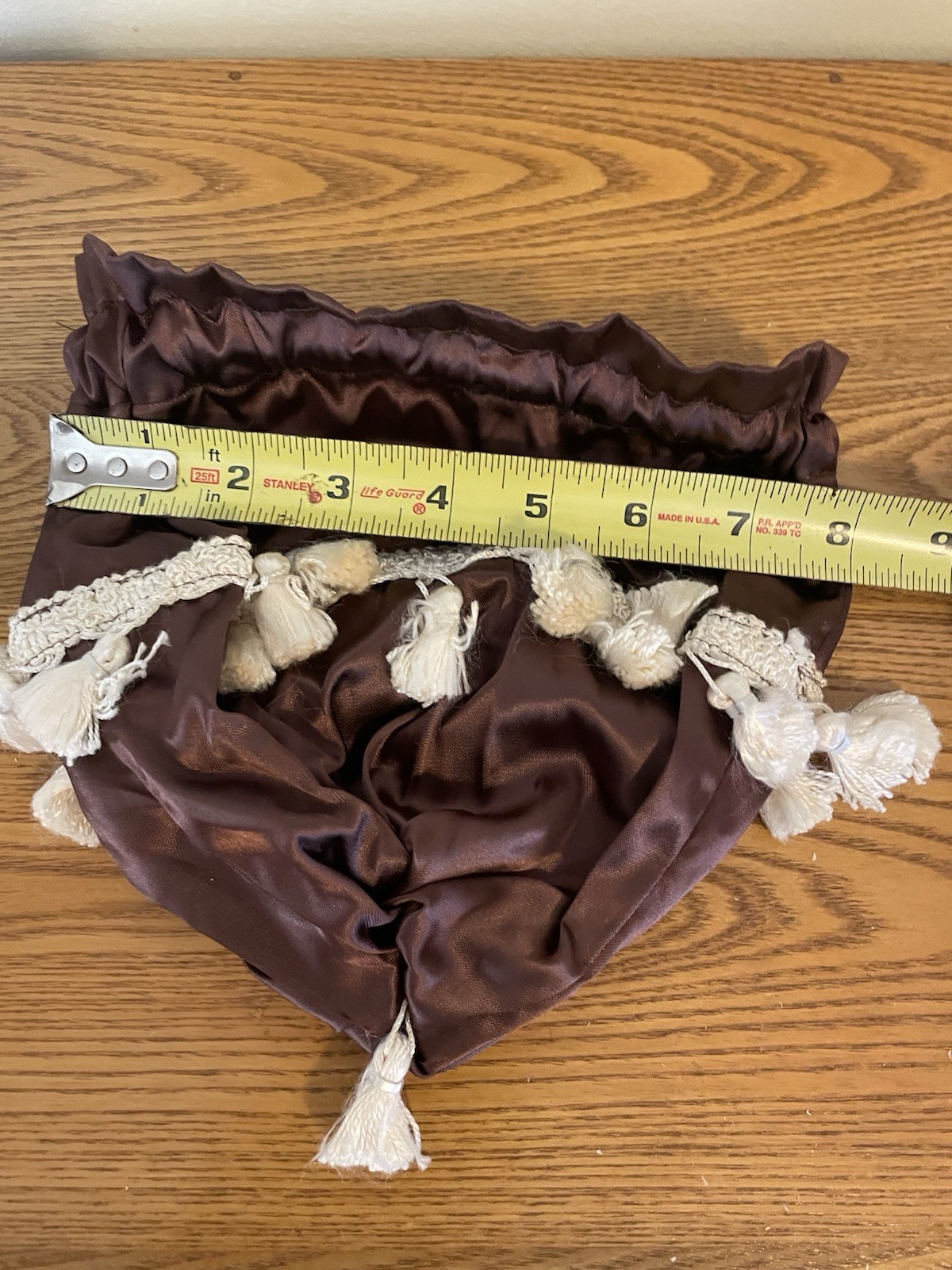 Ladies Victorian Style Brown Fabric Drawstring Purse Bag with Tassel Trim