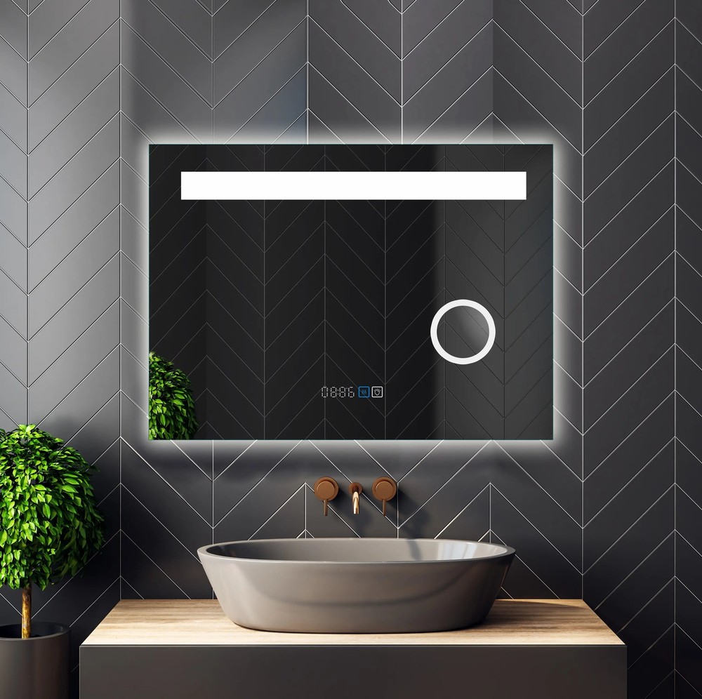 LED Lighted Frameless Smart Bathroom Mirror - Time/Temperature/Magnifying