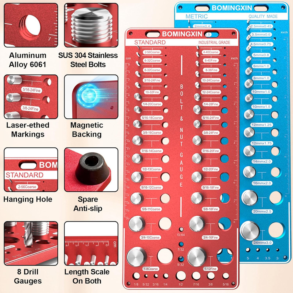 Upgrade 78 Nut and Bolt Thread Checker with Magnetic Base, Rustproof Screw Size