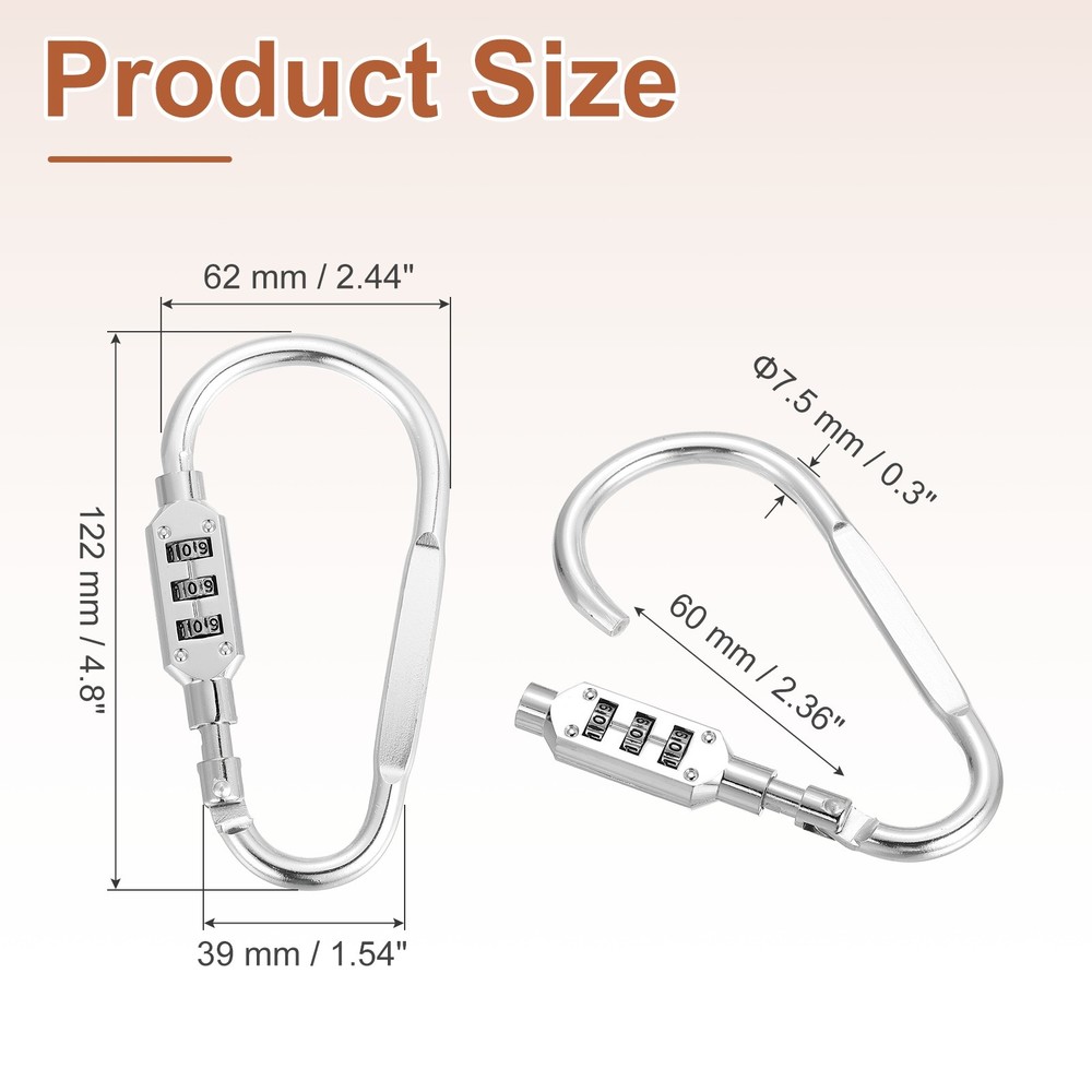 4.8" x 2.4" D-Shaped 3-Digit Code Combination Lock D-Ring Clip Locking, Silver