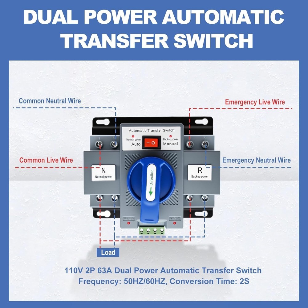 110V Dual Power Automatic Transfer Switch, 2P 63A Certified ATS Generator Ch...