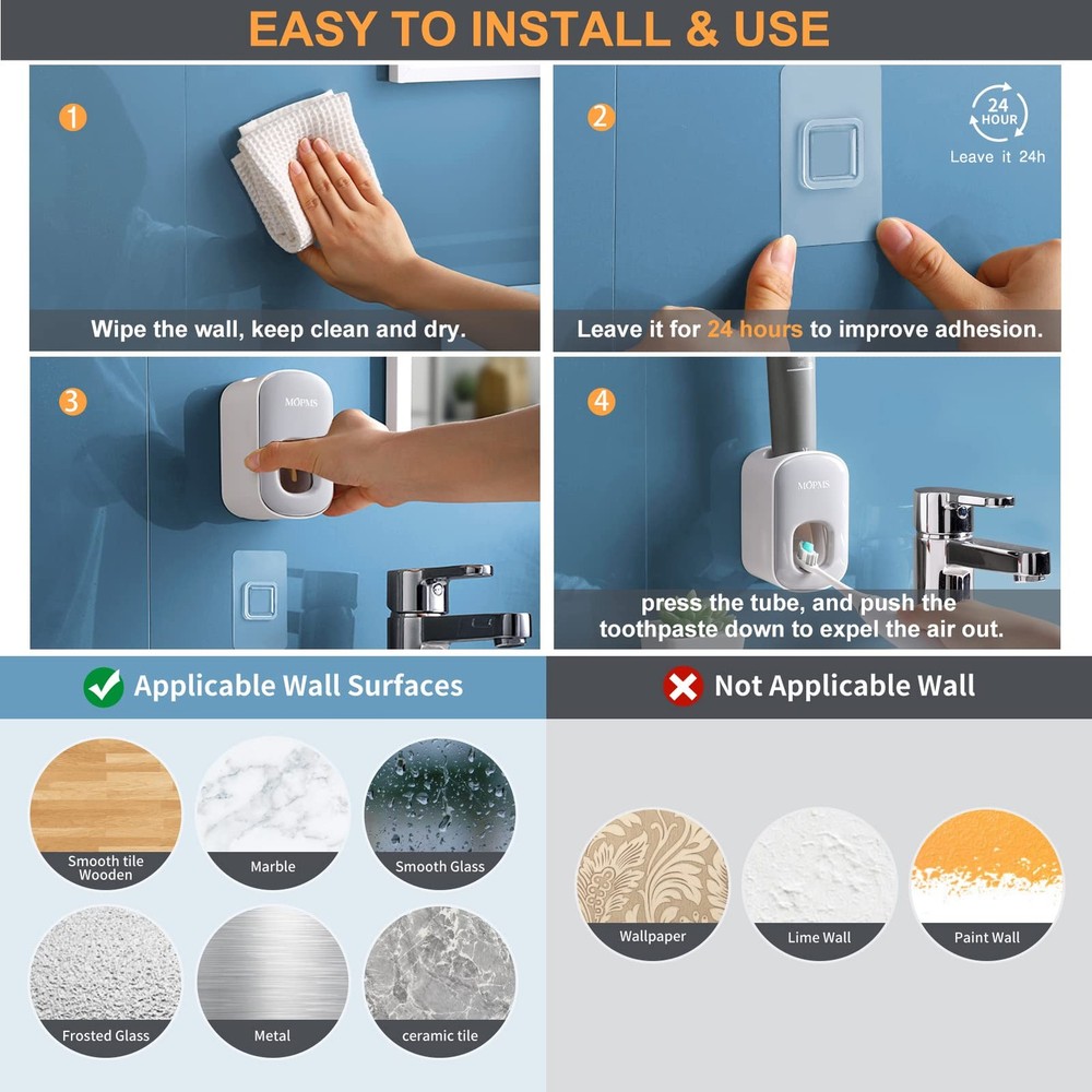 MOPMS Toothpaste Dispenser Wall Mounted for Bathroom Automatic Gray