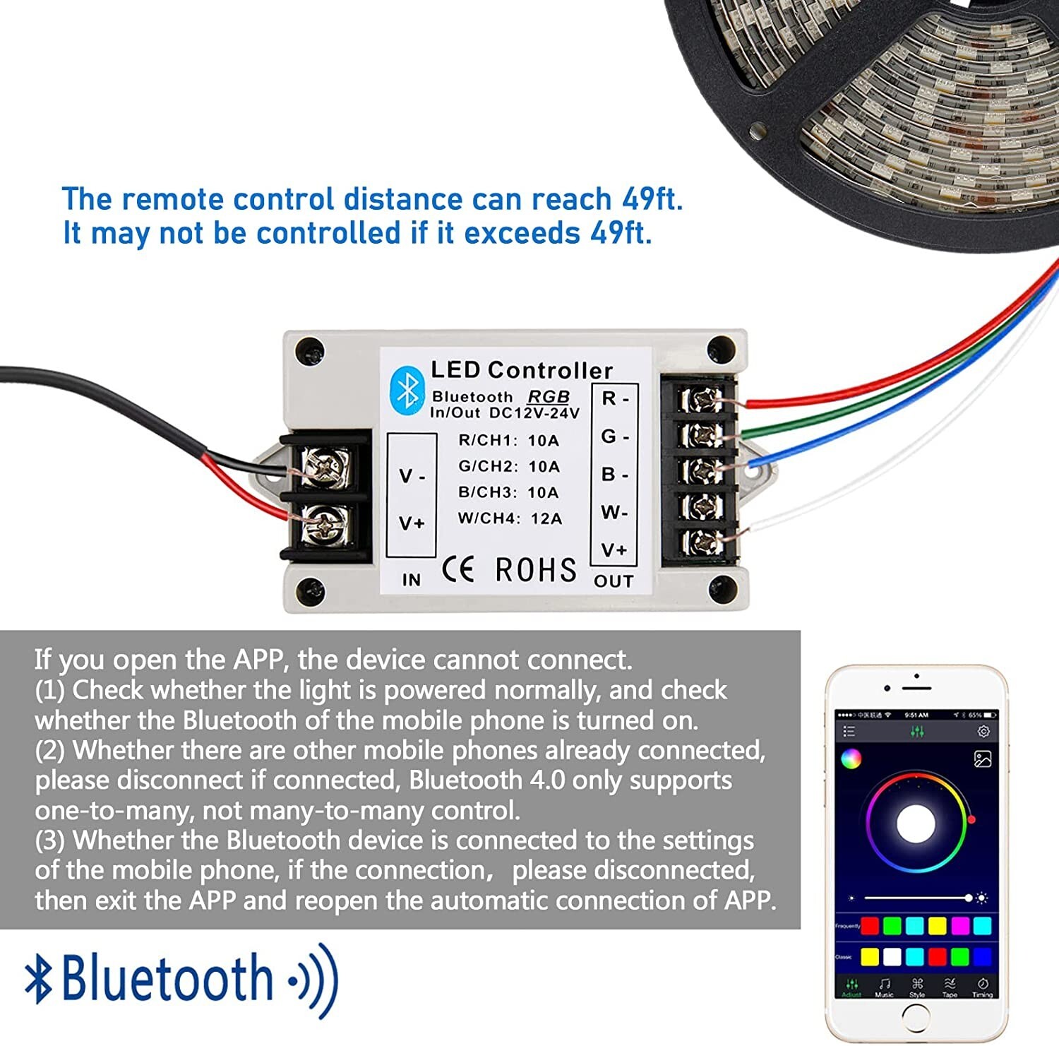 RGB/RGBW Bluetooth Controller APP Control for 5050 3528 RGB LED Strip Lights