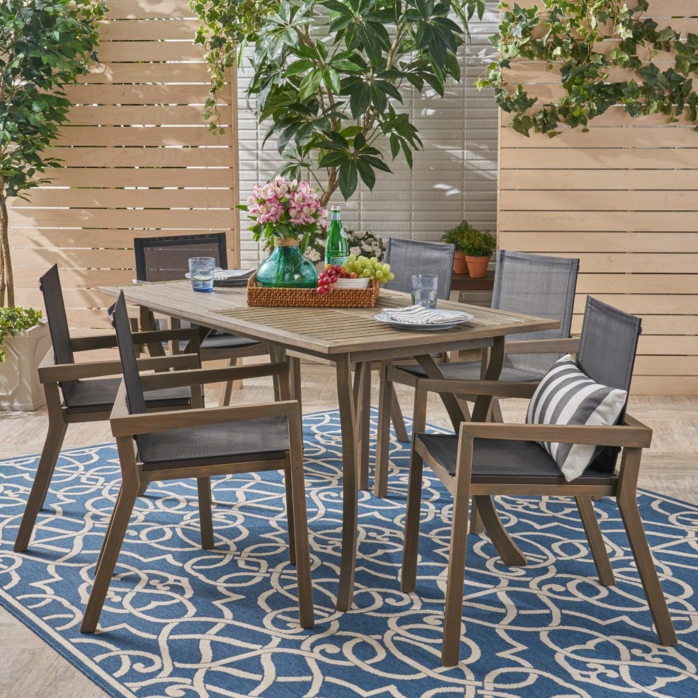 Kaur Patio 6-Seater Acacia Wood Dining Set with Rectangular Dining Table ...