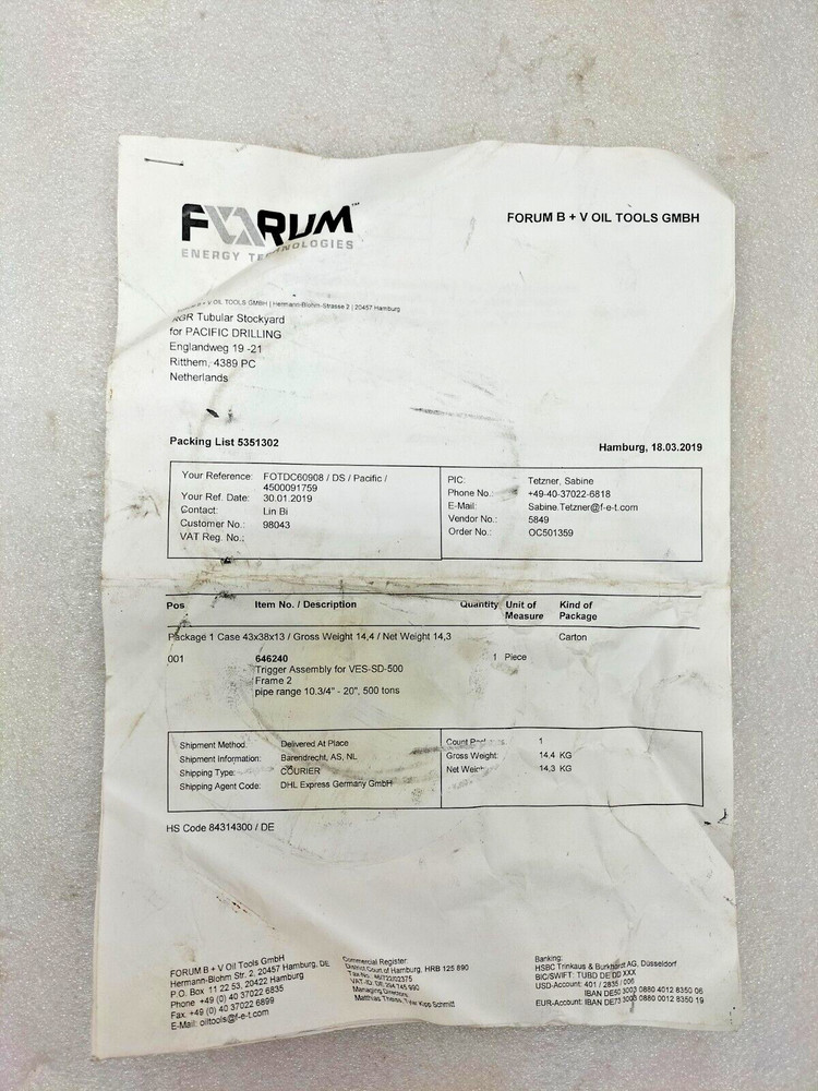 BLOHM+VOSS 646240 TRIGGER ASSEMBLY FOR VES-SD-500 FRAME 2