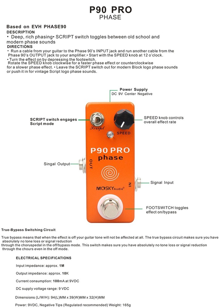 Mosky P90 PRO Phase Guitar Effect Pedal Rich Phasing Script Speed True-Bypass